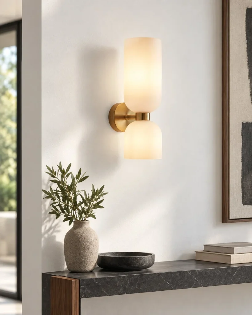 Wandlampe LODYA, Glaszylinder und Kuppel mit Metallhalter – Goldfarben / Opal im Wohnraum