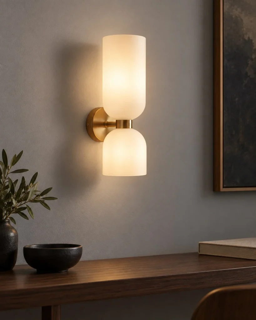 Wandlampe LODYA, Glaszylinder und Kuppel mit Metallhalter – Goldfarben / Opal in abendlicher Wohnatmosphäre
