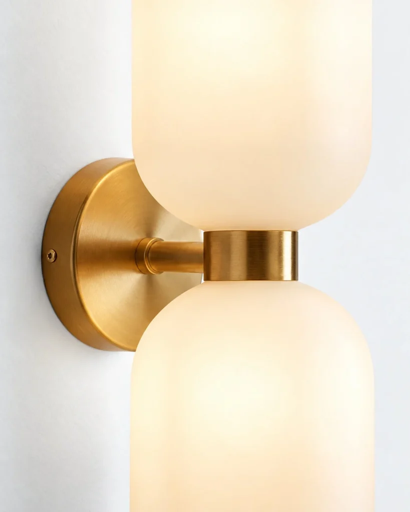 Wandlampe LODYA, Glaszylinder und Kuppel mit Metallhalter – Detailansicht, Goldfarben / Opal