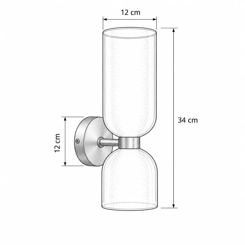 Wandlampe LODYA, Glaszylinder und Kuppel mit Metallhalter – Masszeichnung mit den verfügbaren Abmessungen