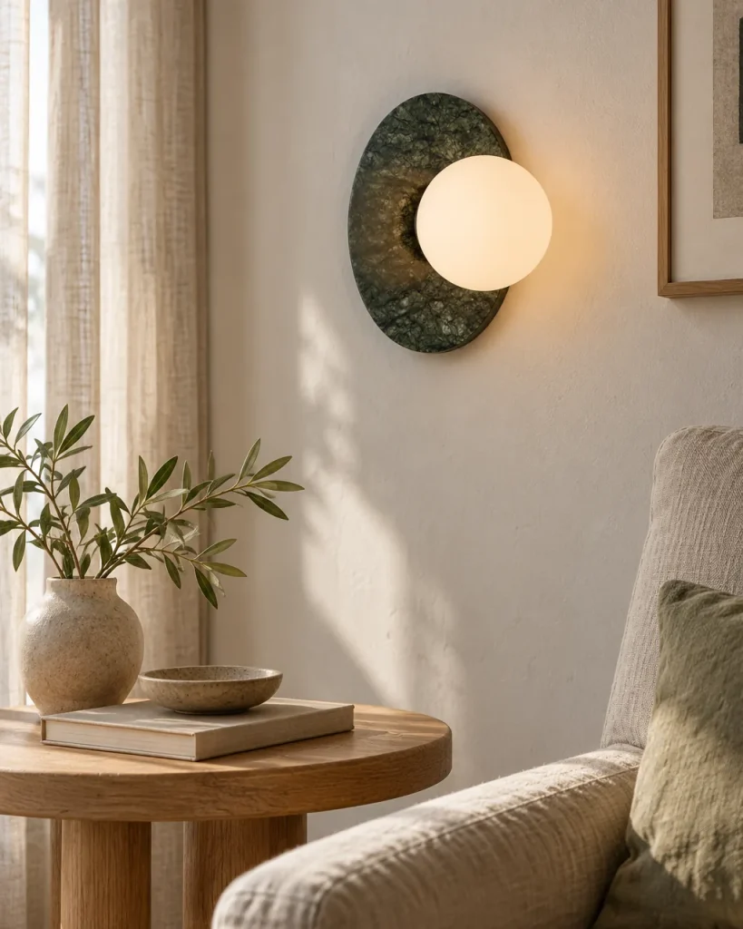 Wandlampe YOLA, Scheibe aus grünem Marmor mit Opalglaskugel – in der Leseecke im Wohnzimmer, Tageslicht