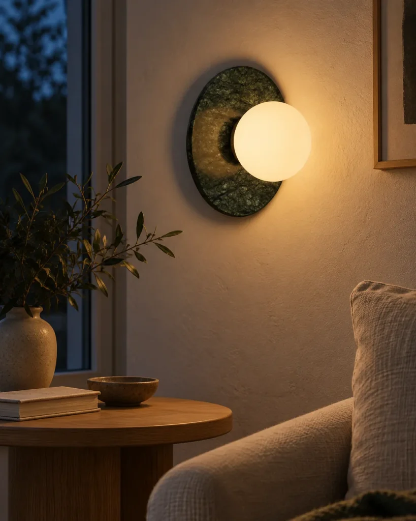 Wandlampe YOLA, Scheibe aus grünem Marmor mit Opalglaskugel – in der Leseecke im Wohnzimmer, Abendlicht
