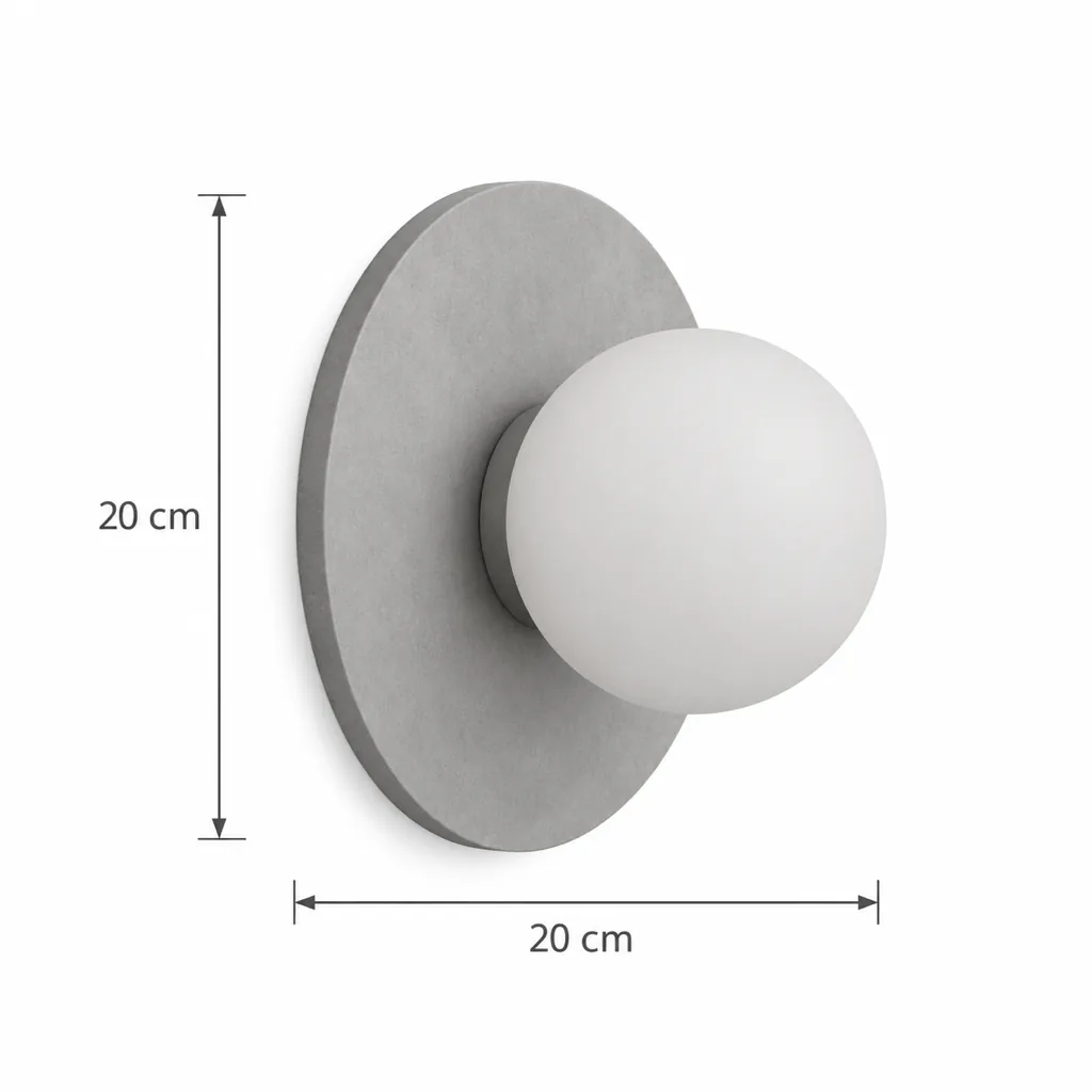Wandlampe YOLA, Scheibe aus grünem Marmor mit Opalglaskugel – Masszeichnung Höhe 20 cm, Breite 20 cm