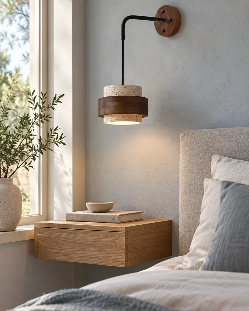 Applique KERA, pendente in travertino e noce – in camera da letto sopra il comodino, luce diurna
