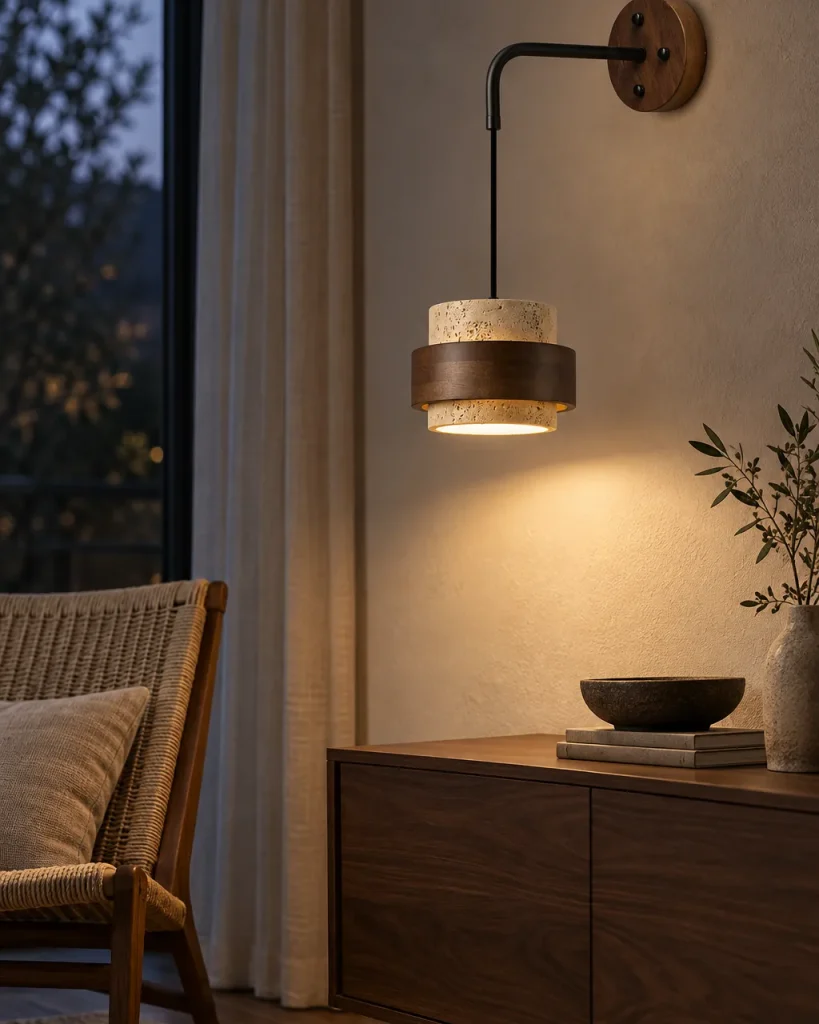 Applique KERA, pendente in travertino e noce – in soggiorno sopra una credenza in noce, luce serale