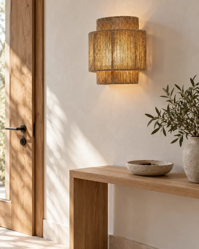 Applique VOKO, applique in corda di canapa su tre livelli – all'ingresso con rovere e intonaco chiaro, luce diurna