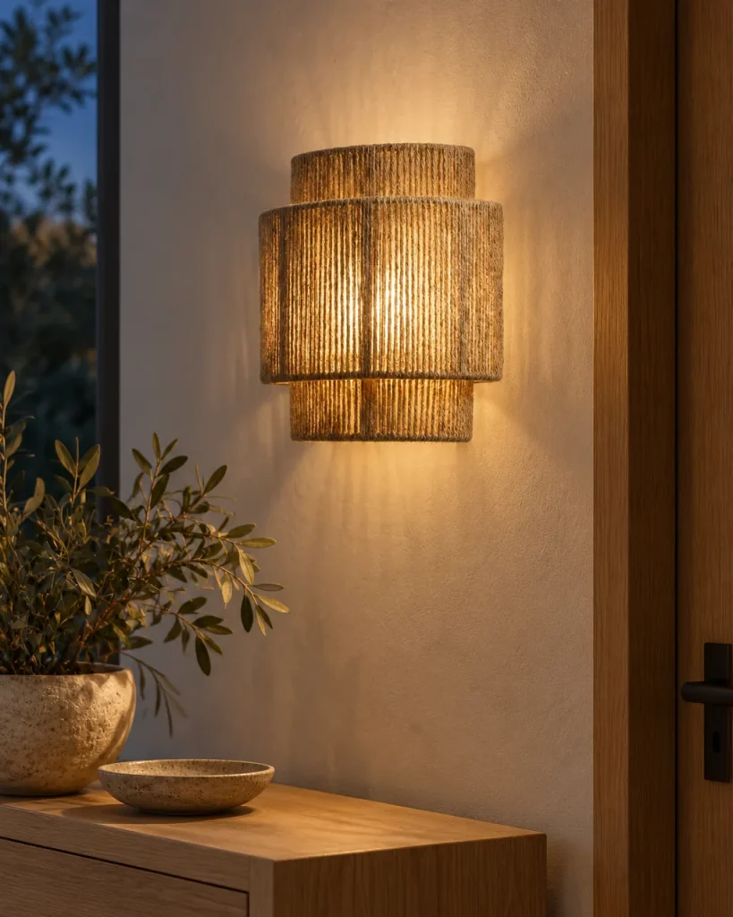 Applique VOKO, applique in corda di canapa su tre livelli – all'ingresso con rovere e intonaco chiaro, luce serale