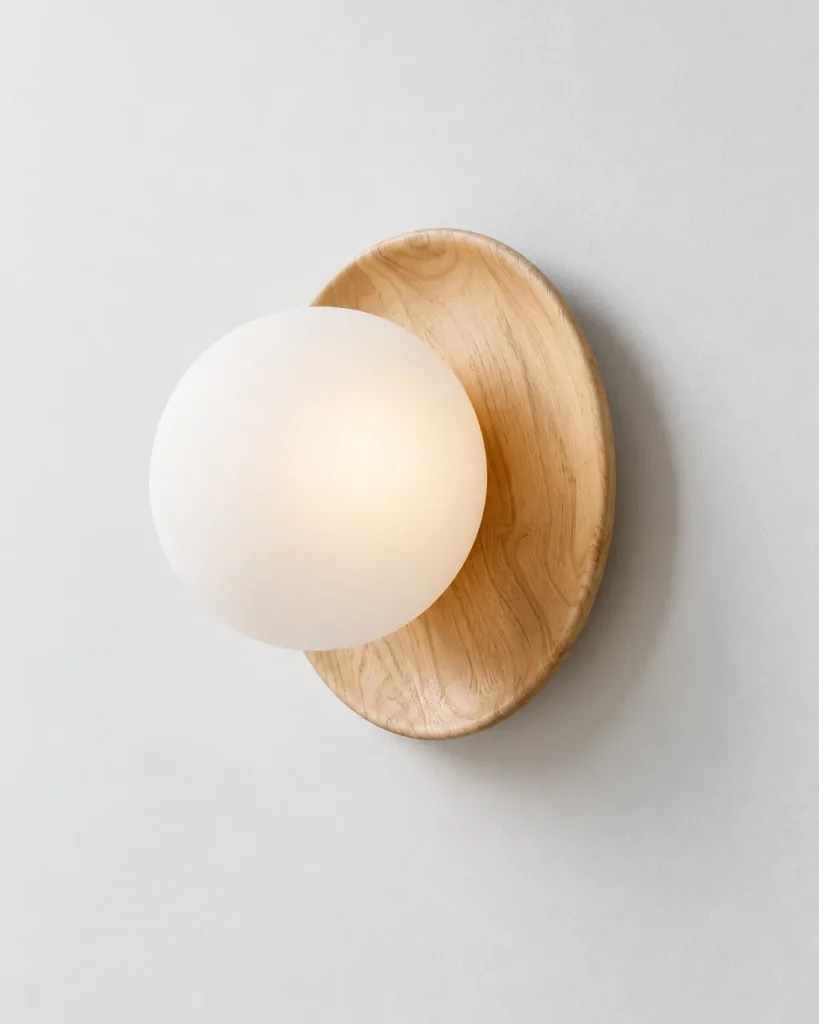Wandlampe ARIS, Glaskugel auf runder Holzscheibe, LED – Helles Holz, Produktfoto