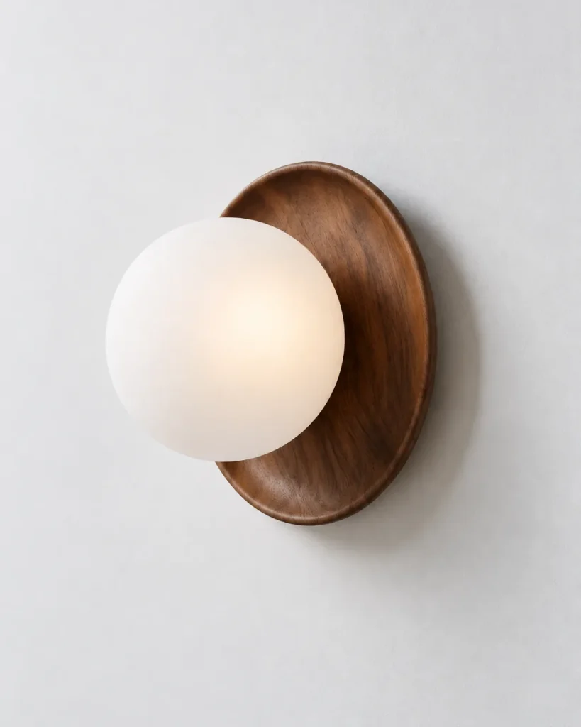 Wandlampe ARIS, Glaskugel auf runder Holzscheibe, LED – Dunkles Holz, Produktfoto
