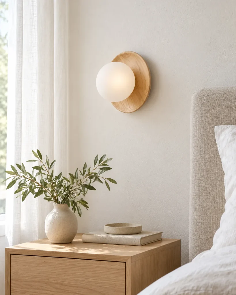 Wandlampe ARIS, Glaskugel auf runder Holzscheibe, LED – im Schlafzimmer über dem Nachttisch, Tageslicht