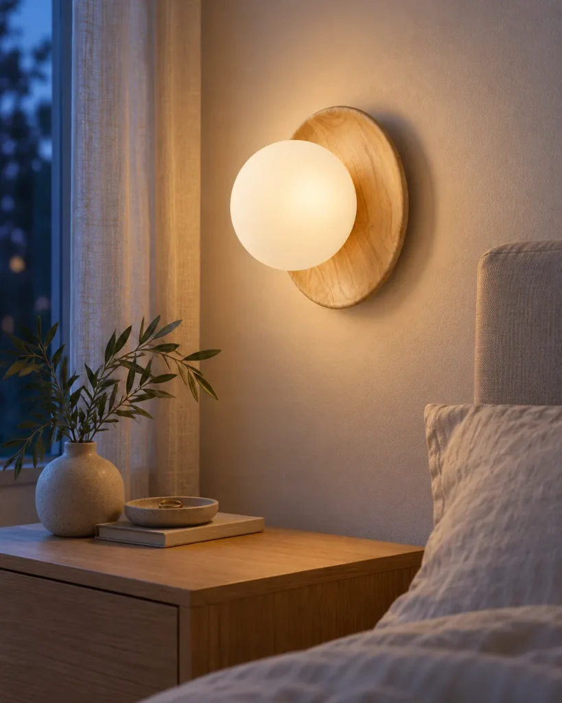 Wandlampe ARIS, Glaskugel auf runder Holzscheibe, LED – im Schlafzimmer über dem Nachttisch, Abendlicht