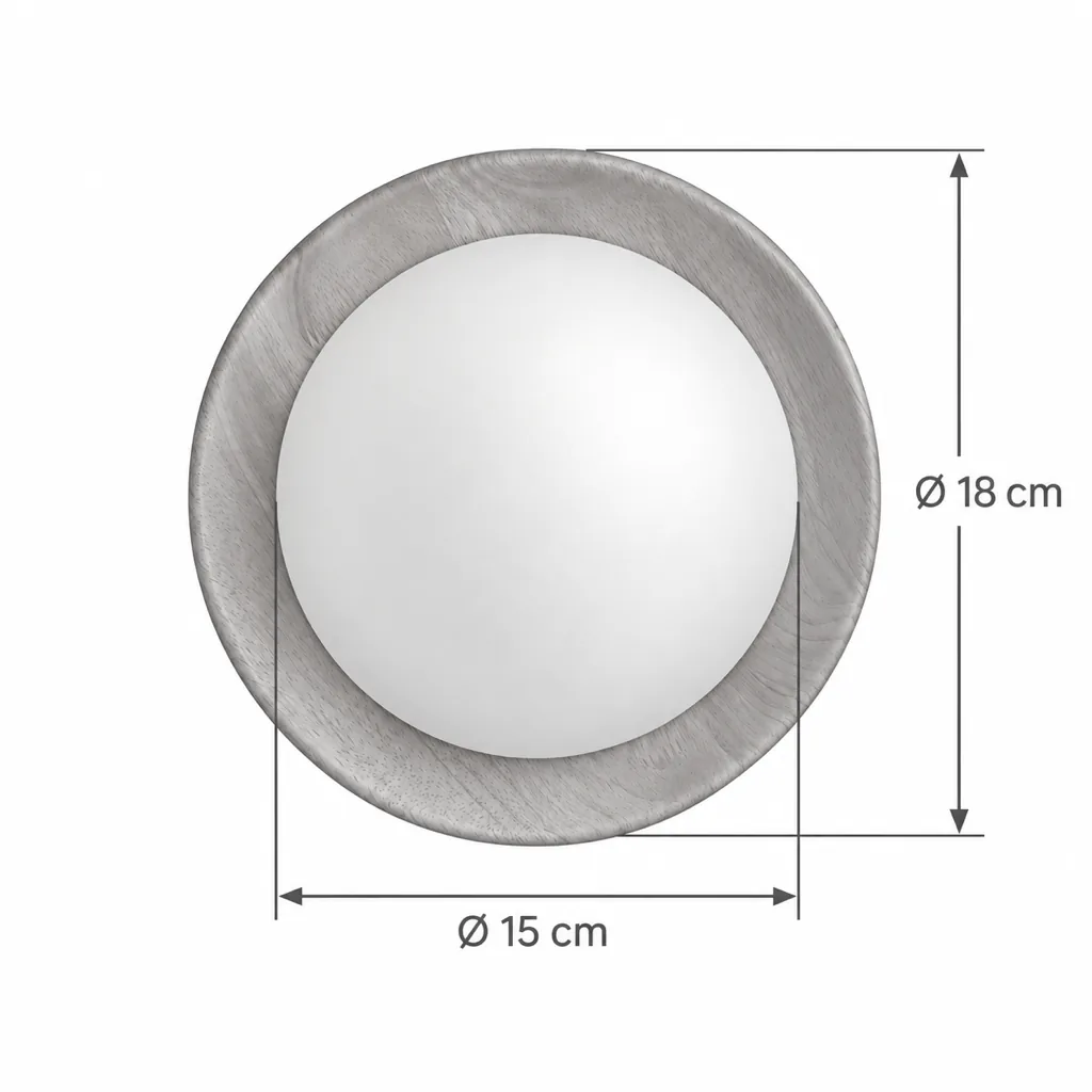 Wandlampe ARIS, Glaskugel auf runder Holzscheibe, LED – Masszeichnung Ø 18 cm, Glaskuppel Ø 15 cm