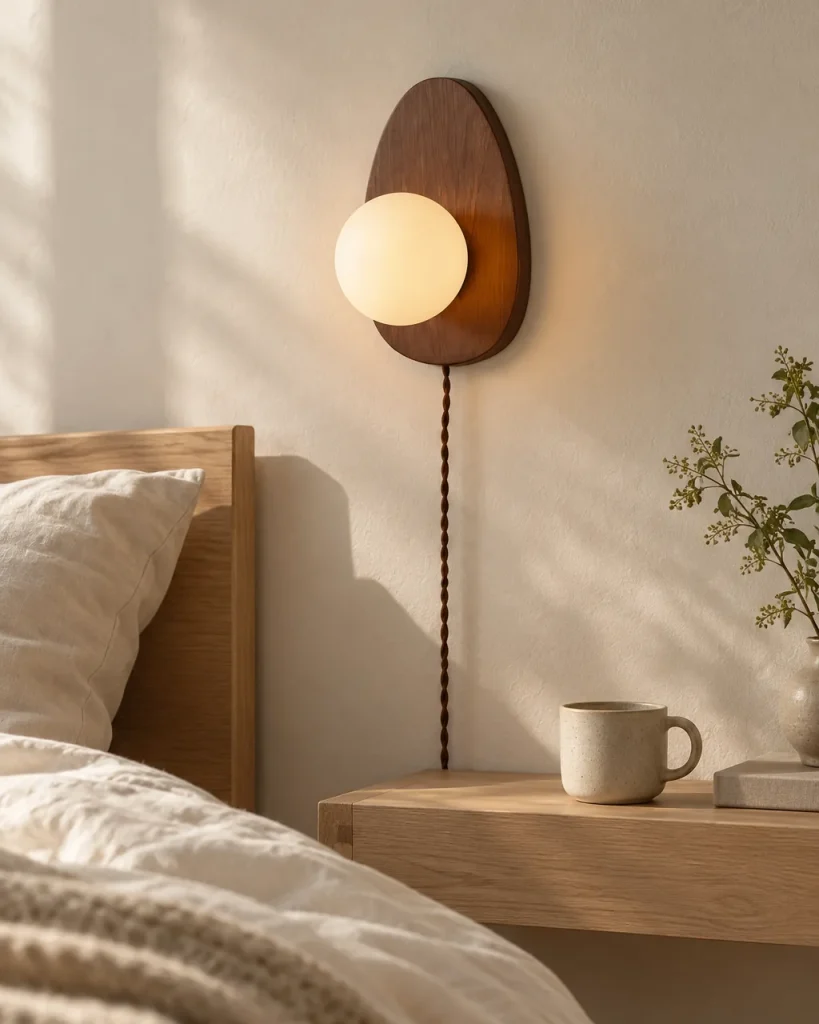 Wandlampe CORI, Holzplatte mit Milchglaskugel und Stecker – im Schlafzimmer über dem Nachttisch, Tageslicht