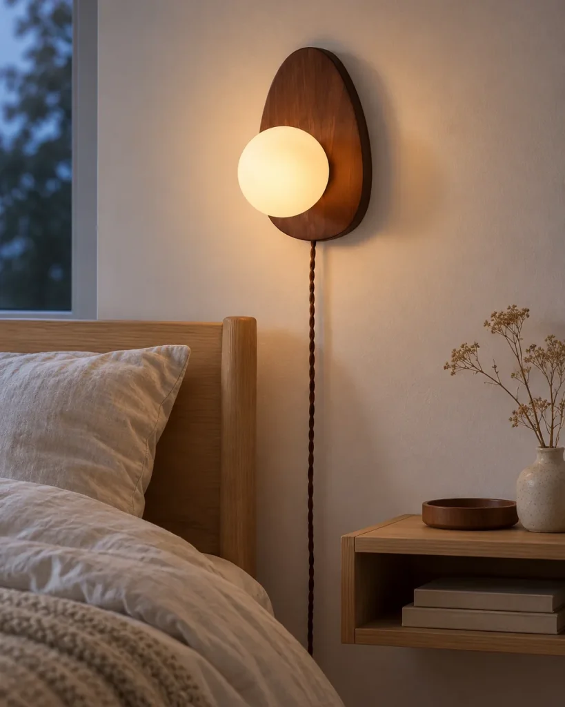 Wandlampe CORI, Holzplatte mit Milchglaskugel und Stecker – im Schlafzimmer über dem Nachttisch, Abendlicht
