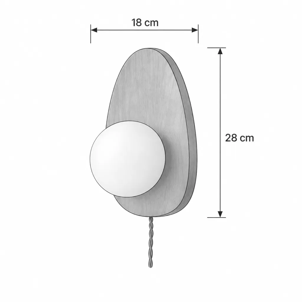 Wandlampe CORI, Holzplatte mit Milchglaskugel und Stecker – Masszeichnung 18 × 28 cm