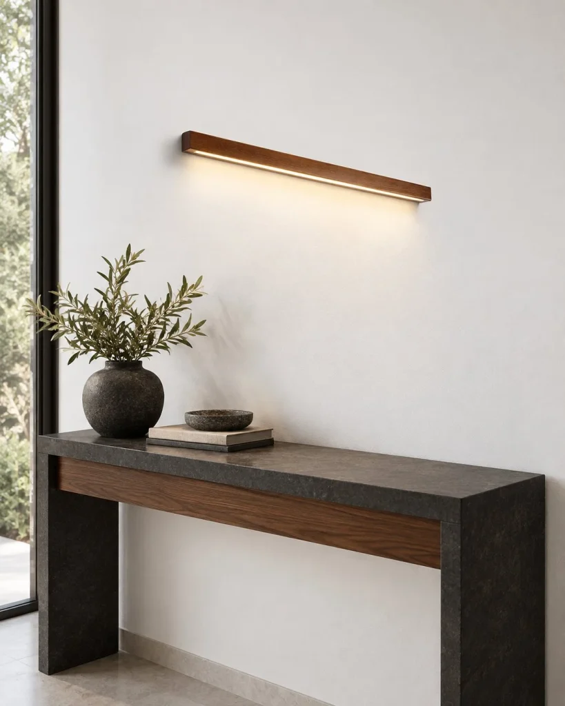 Wandlampe SANNIT, lineare Holzleuchte mit Acryl-Diffusor – Dunkles Holz / 60 cm / Licht nach unten im Wohnraum