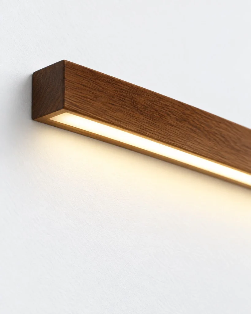 Wandlampe SANNIT, lineare Holzleuchte mit Acryl-Diffusor – Detailansicht, Dunkles Holz / 60 cm / Licht nach unten