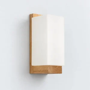 Wandlampe SARO, Holzsockel mit opalenem Glasschirm – Holz, Produktfoto