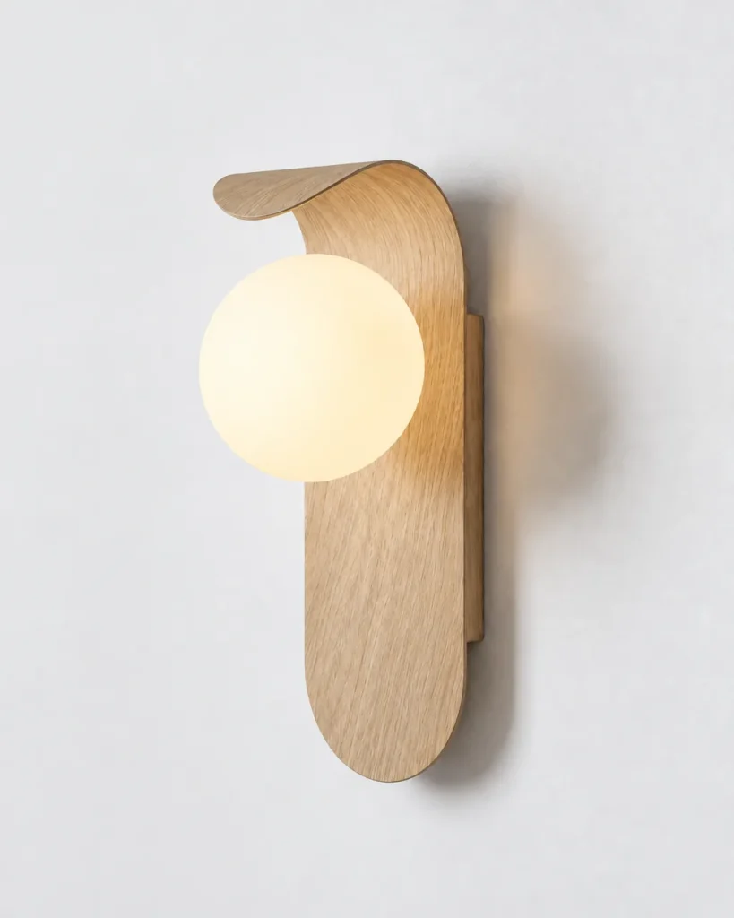 Wandlampe VENO, Gebogene Wandleuchte in Holzoptik mit Opalglas – Helles Holz, Produktfoto