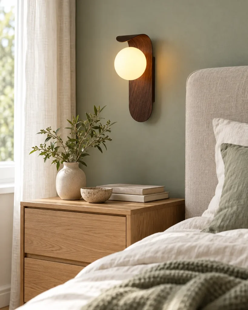 Wandlampe VENO, Gebogene Wandleuchte in Holzoptik mit Opalglas – im Schlafzimmer neben dem Bett, Tageslicht