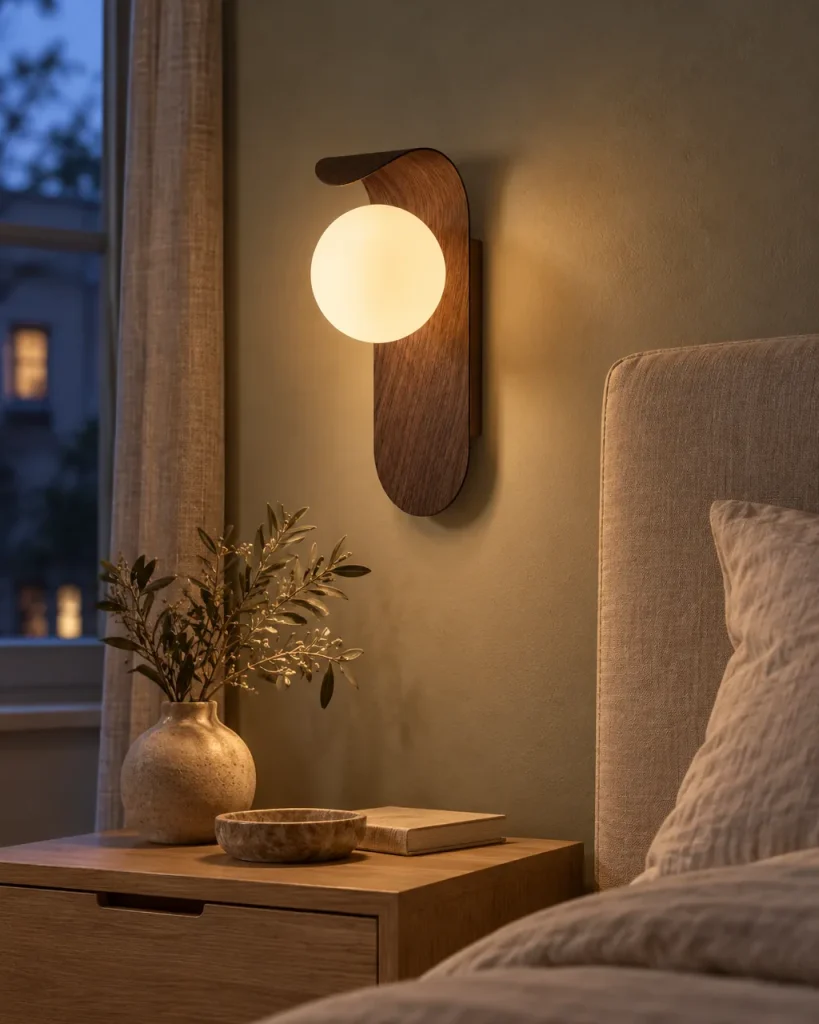 Wandlampe VENO, Gebogene Wandleuchte in Holzoptik mit Opalglas – im Schlafzimmer über dem Nachttisch, Abendlicht
