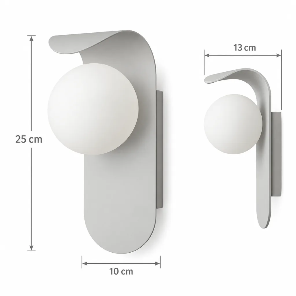 Wandlampe VENO, Gebogene Wandleuchte in Holzoptik mit Opalglas – Masszeichnung Höhe 25 cm, Breite 10 cm, Ausladung 13 cm