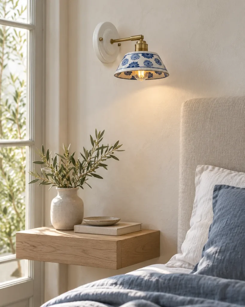 Wandlampe SOLA, Keramik-Wandleuchte mit blauem Blumendekor – im Schlafzimmer neben einem Kopfteil aus Leinen, Tageslicht