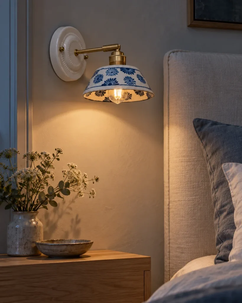Wandlampe SOLA, Keramik-Wandleuchte mit blauem Blumendekor – im Schlafzimmer über dem Nachttisch, Abendlicht