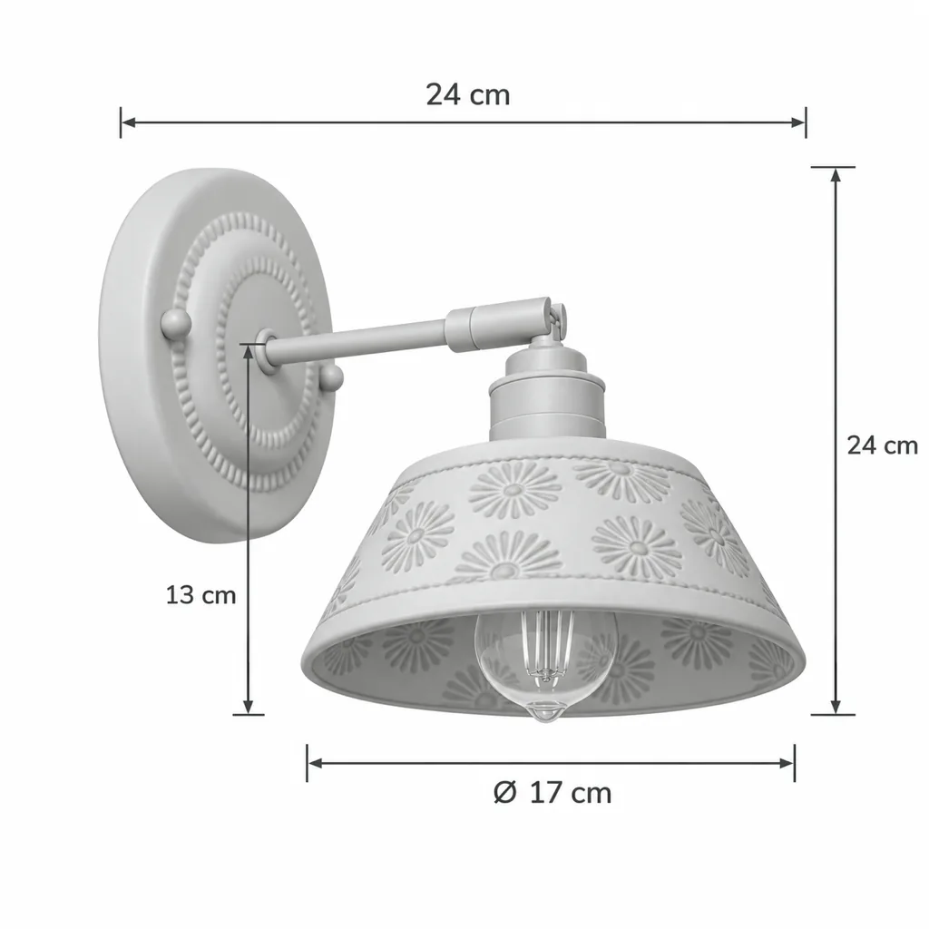Wandlampe SOLA, Keramik-Wandleuchte mit blauem Blumendekor – Masszeichnung Höhe 24 cm, Schirm Ø 17 cm