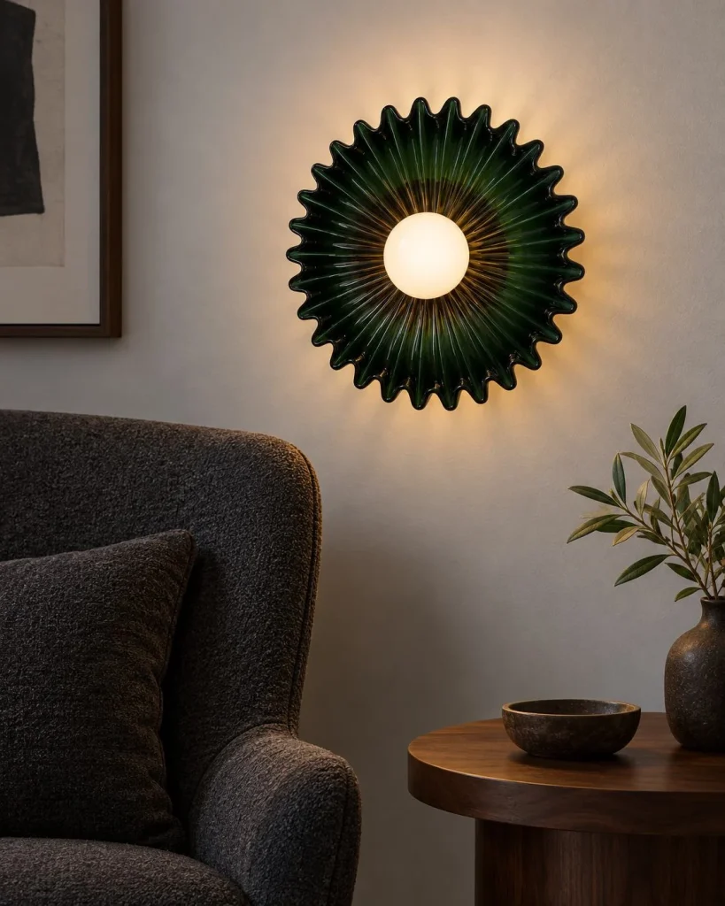 Wandlampe VOA, Keramik in organischer Blütenform – Grün in abendlicher Wohnatmosphäre