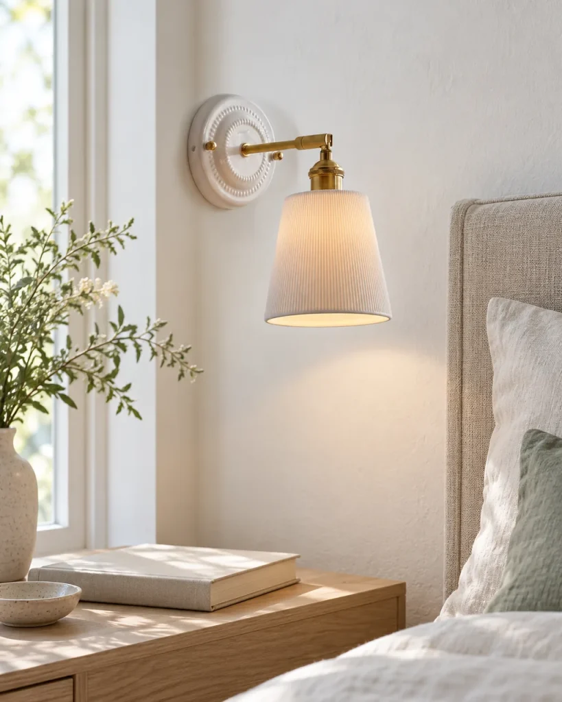 Applique PLOSIO, paralume in ceramica rigata su braccio in ottone – in camera da letto accanto al letto, luce diurna