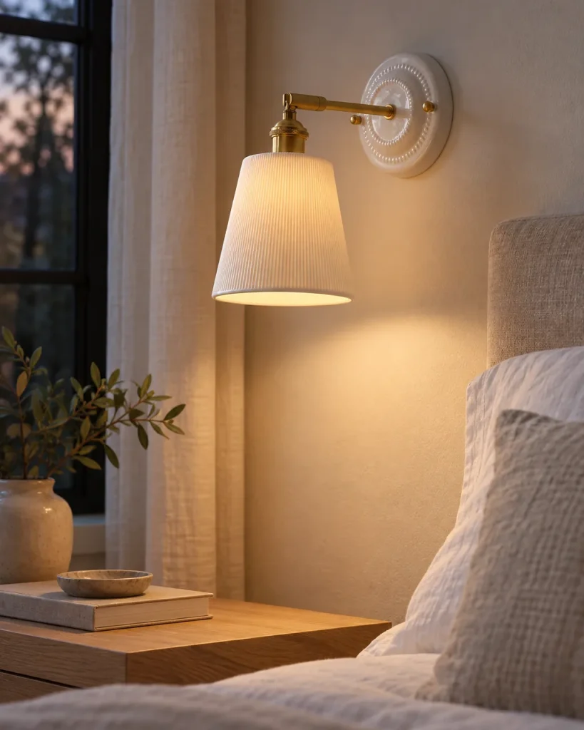 Applique PLOSIO, paralume in ceramica rigata su braccio in ottone – in camera da letto accanto al letto, luce serale
