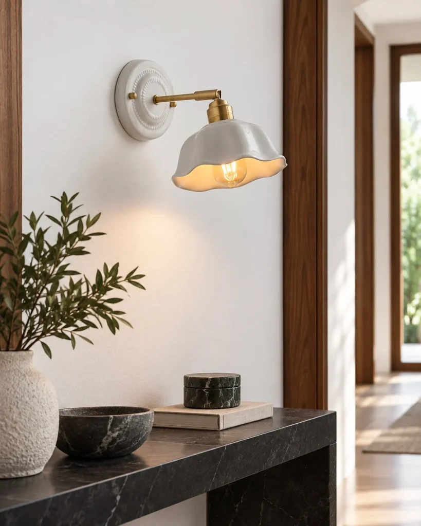 Wandlampe GRIZOK, gewellte Keramik mit Messingarm – Keramik im Wohnraum