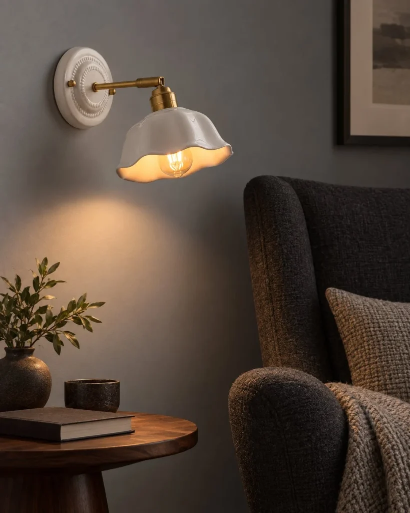 Wandlampe GRIZOK, gewellte Keramik mit Messingarm – Keramik in abendlicher Wohnatmosphäre