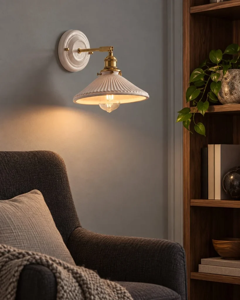 Wandlampe CELAINE, plissierter Keramikschirm mit Messingarm – Keramik in abendlicher Wohnatmosphäre