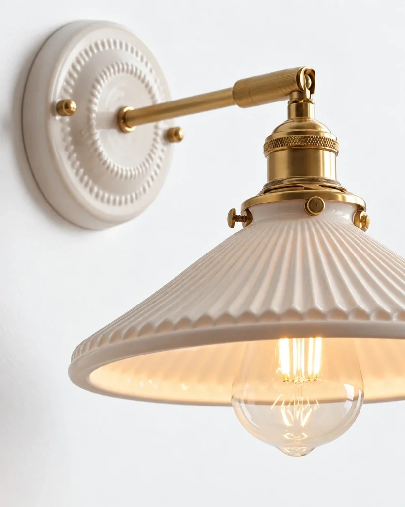 Wandlampe CELAINE, plissierter Keramikschirm mit Messingarm – Detailansicht, Keramik