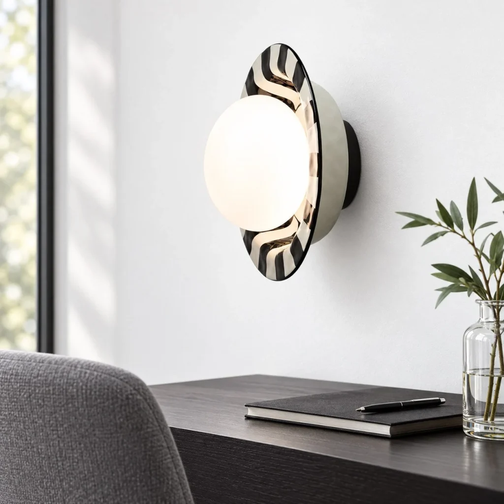 Wandlampe GANO, gewellte Keramik mit opaler Lichtmitte – Wohnambiente bei Tageslicht