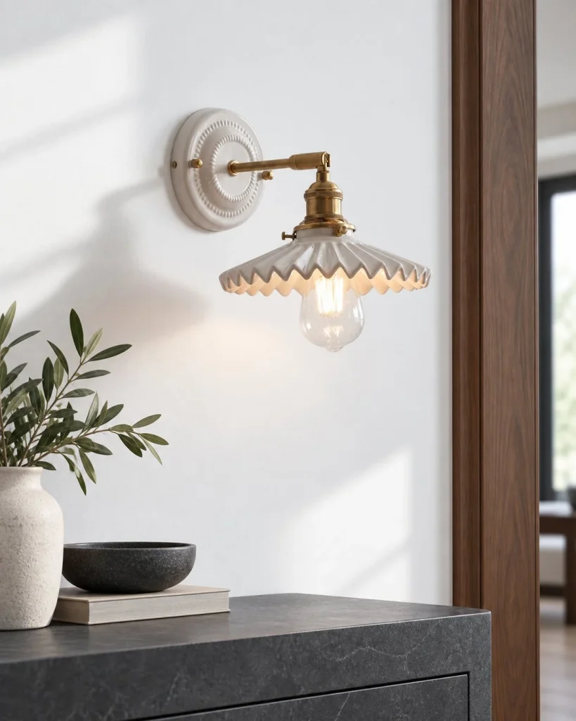 Wandlampe LETTA, gewellter Keramikschirm mit Messinghalter – Keramik im Wohnraum