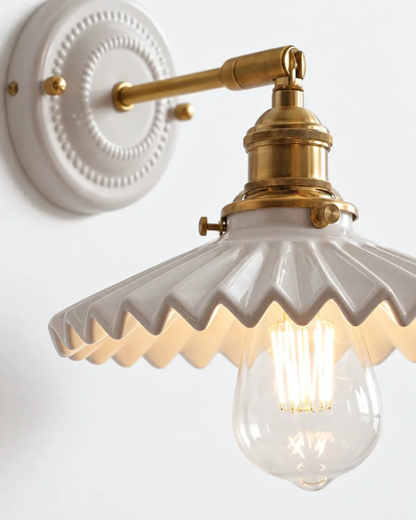 Wandlampe LETTA, gewellter Keramikschirm mit Messinghalter – Detailansicht, Keramik