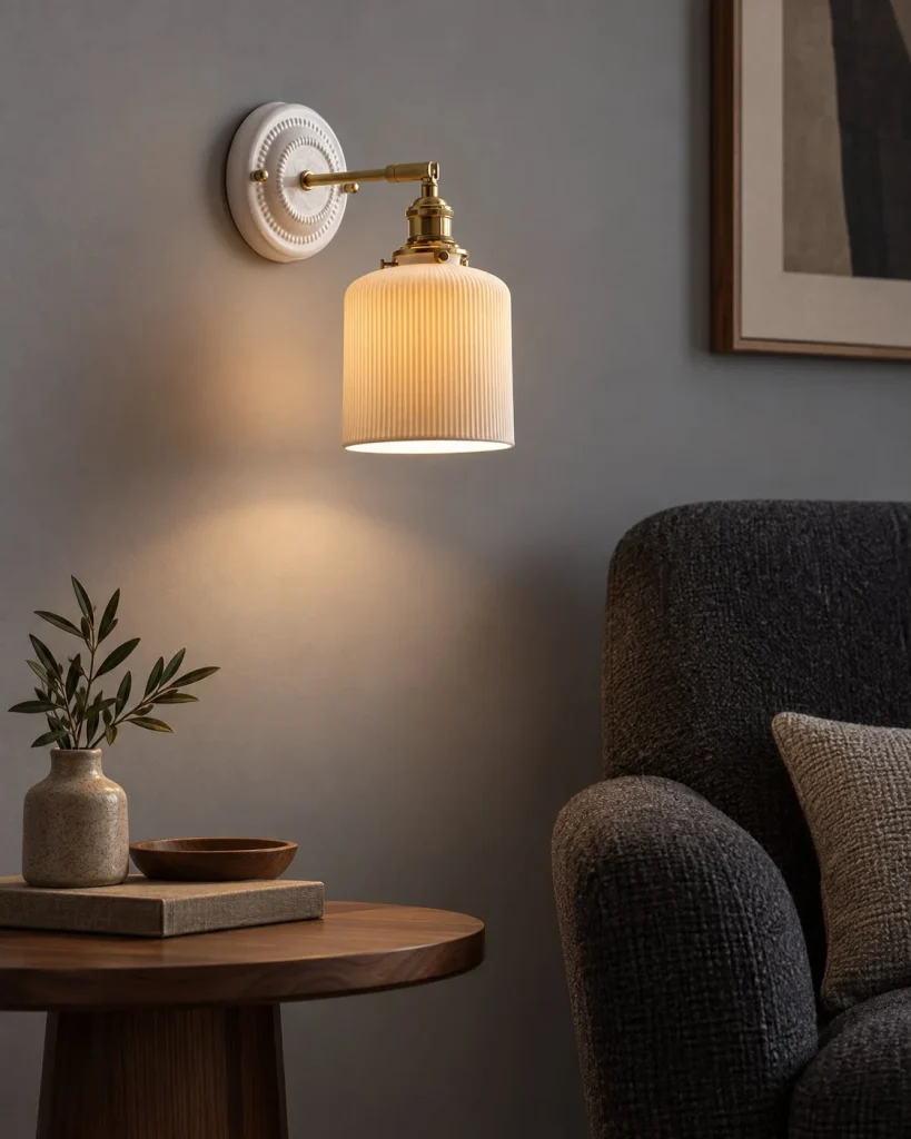 Wandlampe PLOSIA, gerillter Keramikzylinder mit Messingarm – Keramik in abendlicher Wohnatmosphäre
