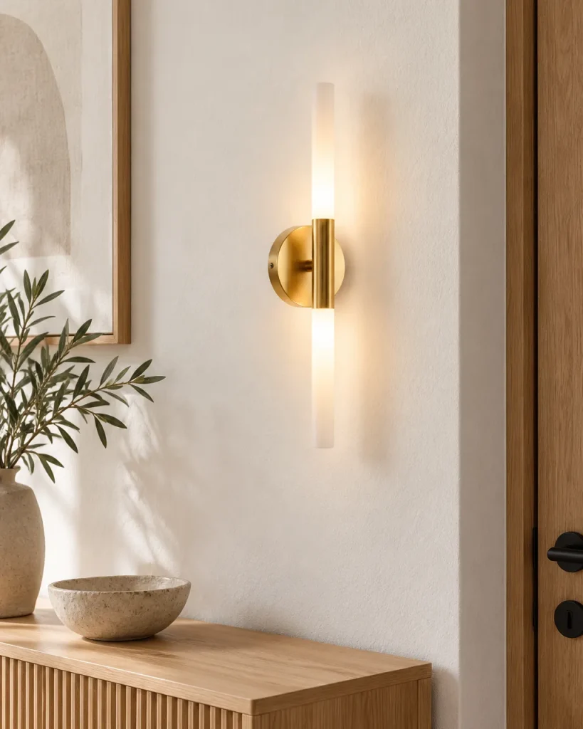 Wandlampe BRATIS, LED-Doppelrohr mit Metallmanschette – im Flur über einer Holzkonsole, Tageslicht