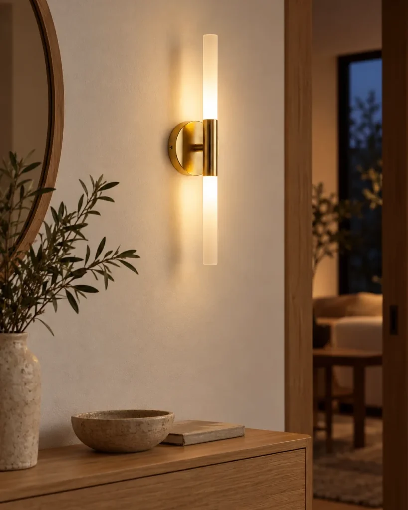 Wandlampe BRATIS, LED-Doppelrohr mit Metallmanschette – im Flur über einer Holzkonsole, Abendstimmung