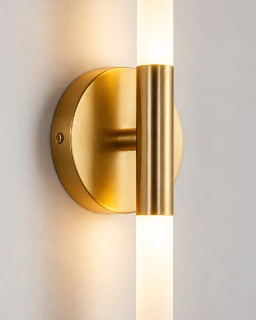 Wandlampe BRATIS, LED-Doppelrohr mit Metallmanschette – Detailansicht der Metallmanschette und Wandplatte