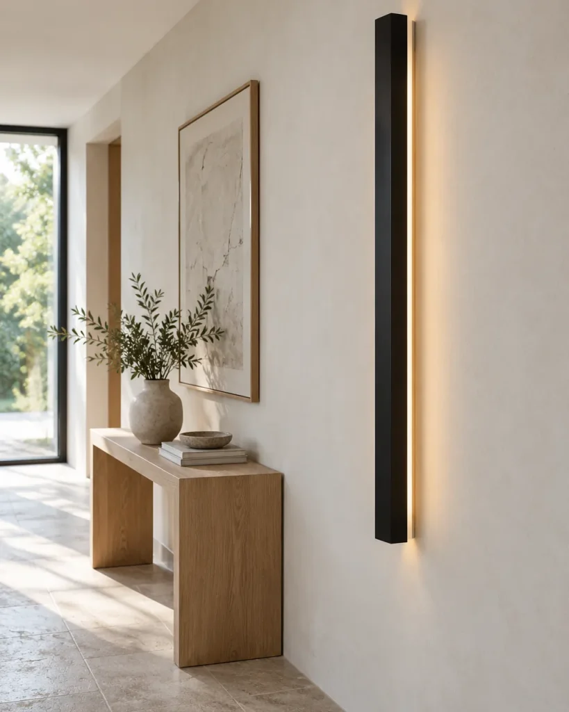 Applique EXTY, linea di luce LED in alluminio – all'ingresso sopra una panca in legno, luce diurna