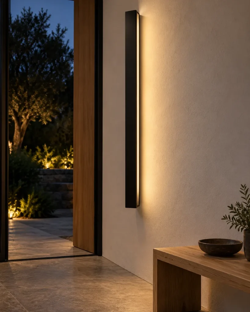 Applique EXTY, linea di luce LED in alluminio – all'ingresso sopra una panca in legno, luce serale