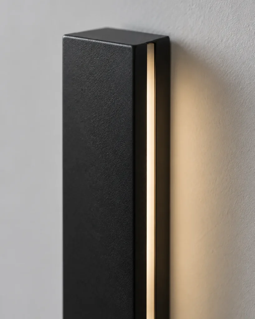Applique EXTY, linea di luce LED in alluminio – dettaglio del bordo in alluminio e del diffusore arretrato