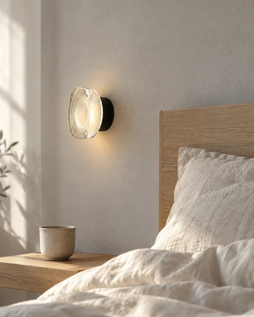 Wandlampe EVOKA, Runde LED-Wandleuchte mit gerilltem Acryl – im Schlafzimmer über dem Nachttisch, Tageslicht