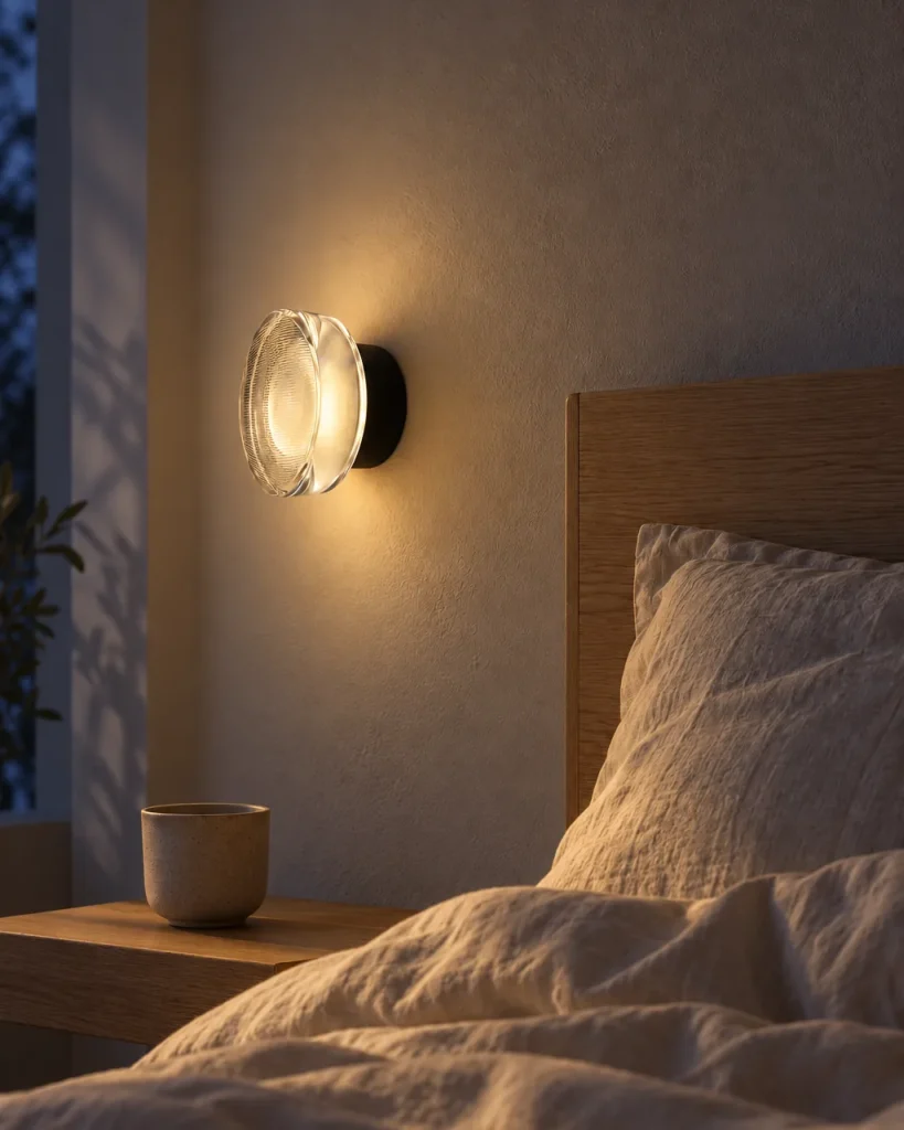 Wandlampe EVOKA, Runde LED-Wandleuchte mit gerilltem Acryl – im Schlafzimmer über dem Nachttisch, Abendlicht