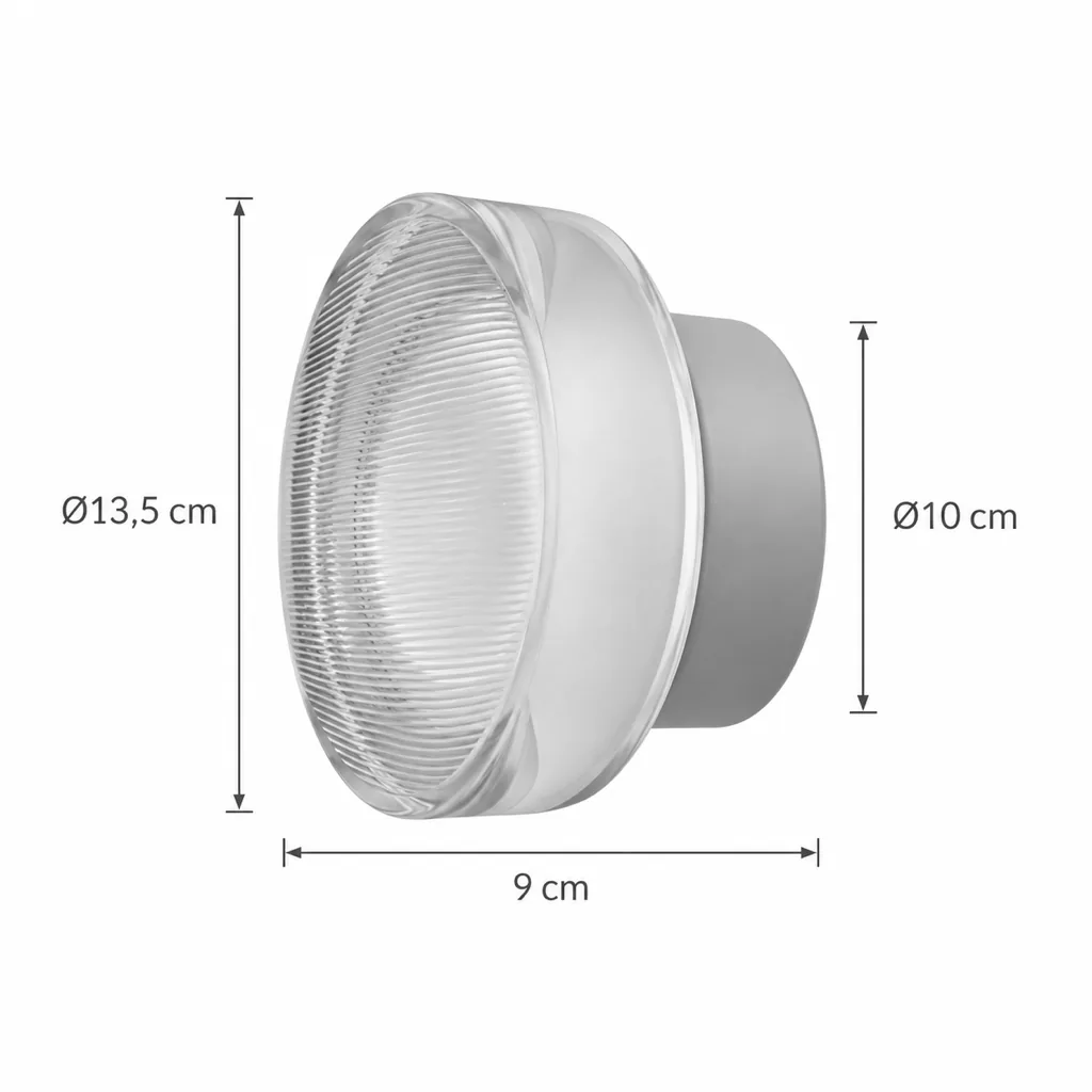 Wandlampe EVOKA, Runde LED-Wandleuchte mit gerilltem Acryl – Masszeichnung Ø 13,5 cm, Sockel Ø 10 cm, Tiefe 9 cm