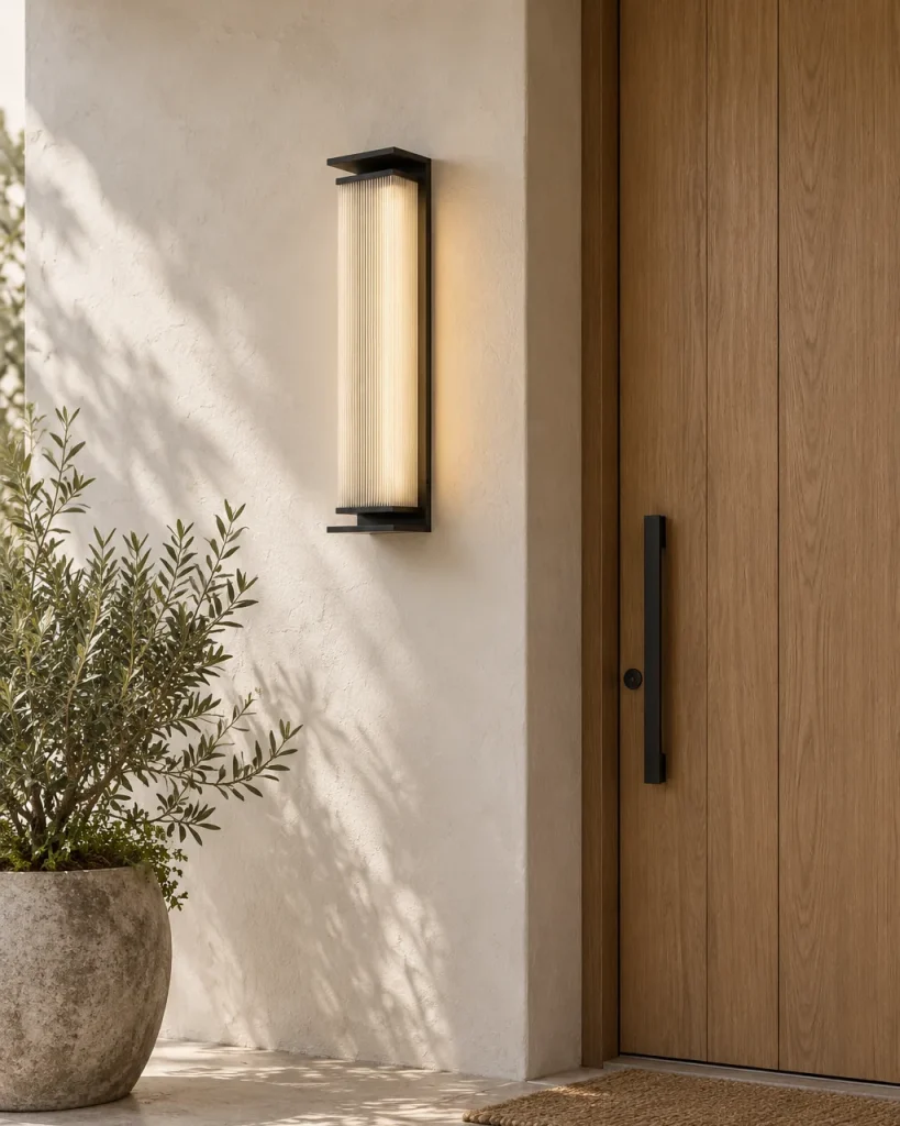Applique XEDA, colonna LED con diffusore rigato, 4 dimensioni – su parete chiara accanto all'ingresso di casa, luce diurna